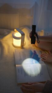 Person som läser med hjälp av ficklampa och mysbelysning
